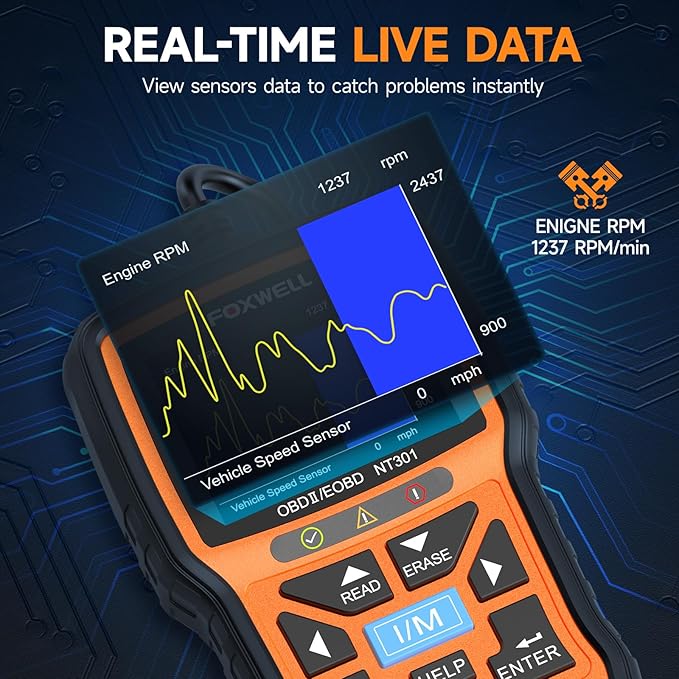 FOXWELL NT301 OBD2 Scanner Live Data OBDII Diagnostic Code Reader Tool & Portable Carrying Case for OBD2 Scanners & Battery