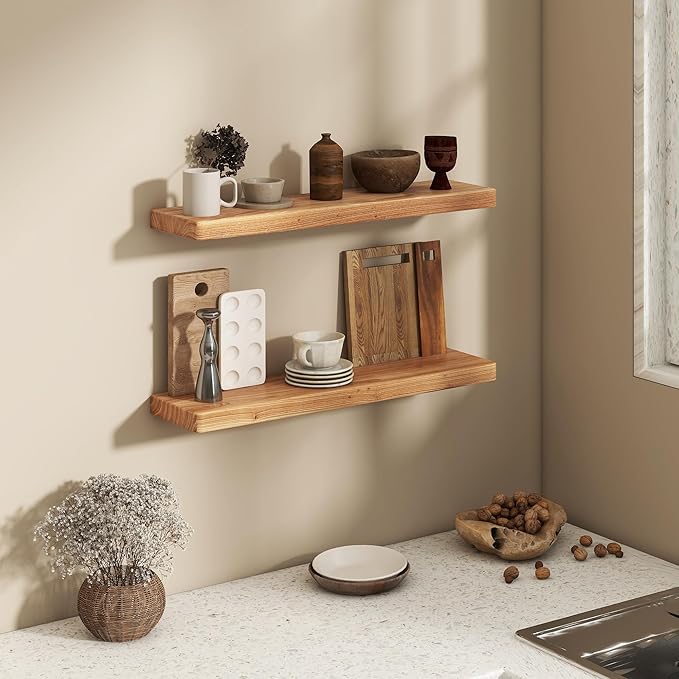 Fun Memories Rustic Elm Wood Floating Shelves, 30 Inch Wall Shelf Set of 2, Wooden Bathroom Shelves with Heavy-Duty Bracket, 