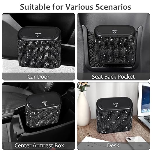 Accmor 2 Pack Bling Car Trash Can with Lid, Small Garbage Can, Auto Garbage Storage Bin with 90pcs Garbage Bags, Sparkling Crystal Trash Bags Holder for Car, Home, Office Storage (Black Rhinestone)