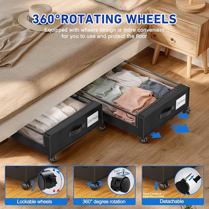 Beborxue Under Bed Storage with Wheels, 4-Pack UnderBed Storage Containers with Clear Lids, XXL 60L Under the Bed Storage Org