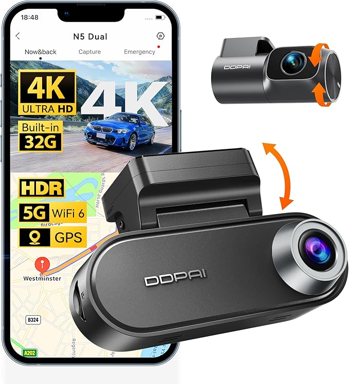 DDPAI 4K Dash Cam Front and Rear, 2160P+1080P Car Dash Camera, GPS 5G WiFi Dashcam for Cars, Free eMMC 32G Dual Storage Suppo