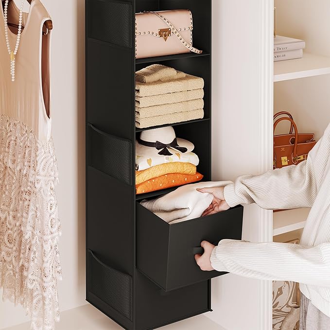 YOUDENOVA Hanging Closet Organizer, 5 Tier Hanging Closet Shelves with 6 Side Pockets and 2 Drawers, Black
