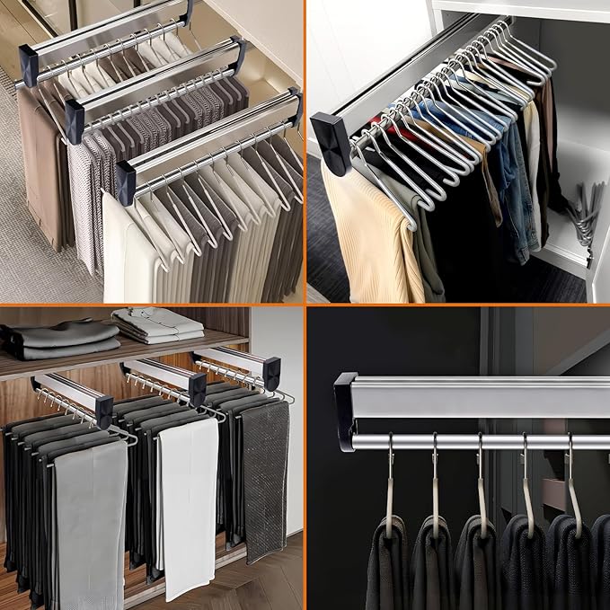 Pull Out Valet Rods for Closets, Clothes Hanger Rail Slide Out Adjustable Heavy Duty Stainless Steel Clothes Storage Hanger R