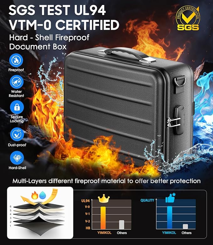 Fireproof Document Box with Lock, Hard-Shell Fireproof Safe for Home Documents, Portable Travel Fire Proof File Box for Passp