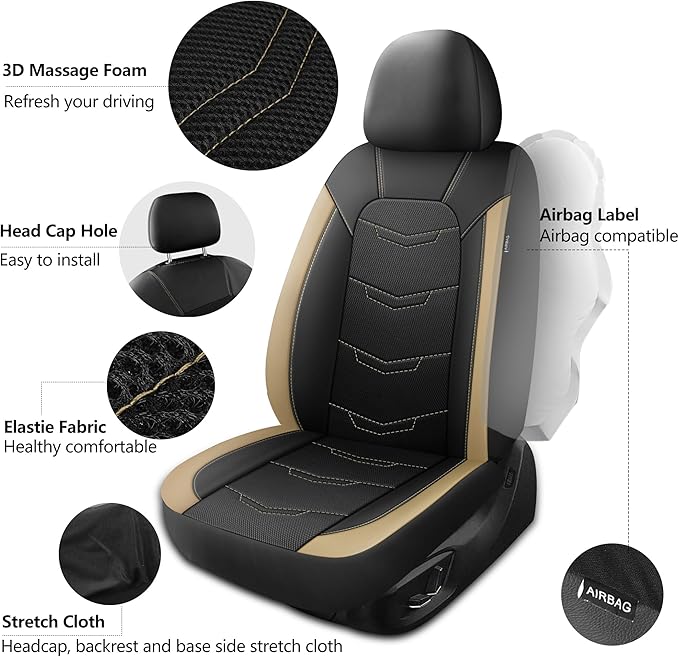 Beige Seat Covers,Sport and Breathable Seat Covers, Anti-Slip Universal Fit Automotive for Cars Sedan SUV and Truck(2 Pieces,