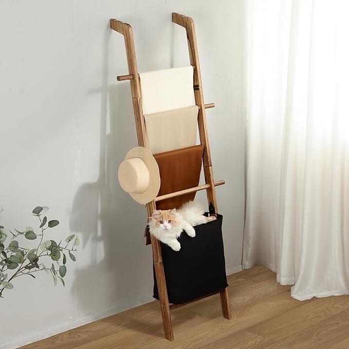 67-Inch Farmhouse Blanket Ladder with Basket, Rustic Wooden Display Ladder for Throws, Blankets, Quilts & Towels, Sturdy Wall