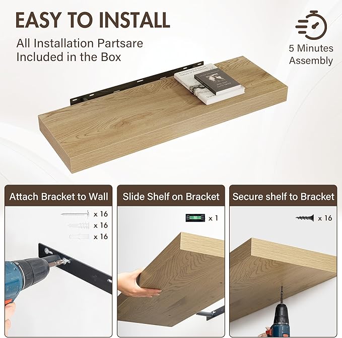 36 Inch Floating Shelves, 12" Deep Floating Shelf Wall Mounted, 36" Wall Shelves, Rustic Deep Bookshelf, Extra Deeper & Thick