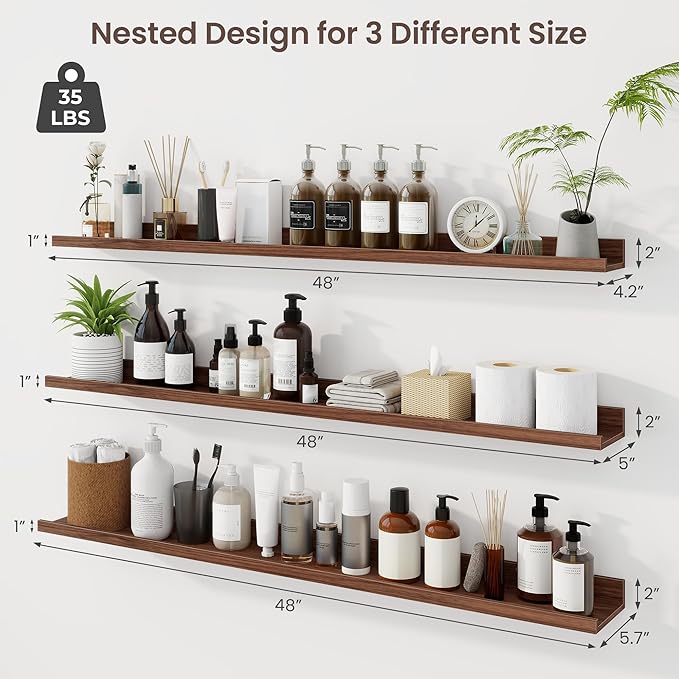Axeman 48 Inch Floating Shelves | Walnut Picture Ledge Shelf Set of 3 | Rustic Wood Wall Shelves with Lip | 48" Walnut Pictur