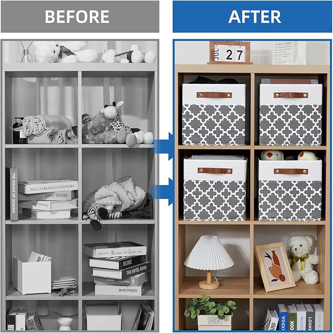 Temary 11x11x11 Cube Storage Bins Cube Organizer Bins 4 Pack Canvas Storage Bin for Home, Cube Storage Basket with Leather Ha