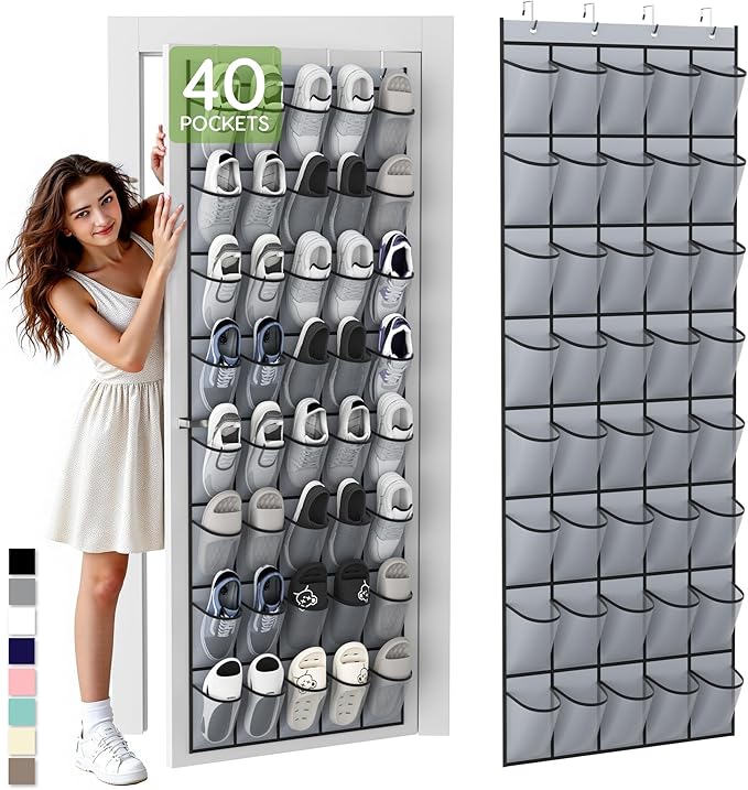 Unjumbly Over the Door Shoe Organizer with 40 Large Breathable Mesh Pockets, Space Saving Shoe Holder, Hanging Shoe Rack for 