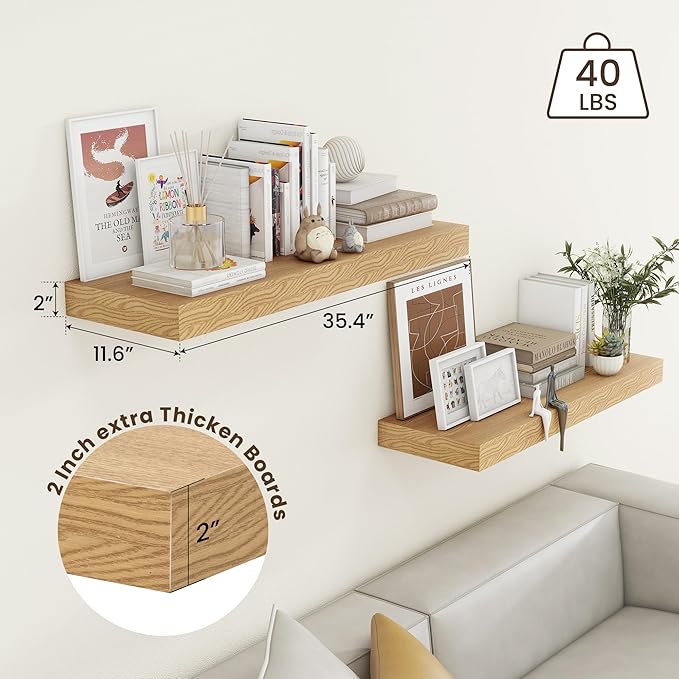 Deep Floating Shelves | 36 Inch Oak Floating Shelves Set of 2 | 12 Inch Deep Rustic Wood Shelves for Wall | 36" W x 12" D Oak
