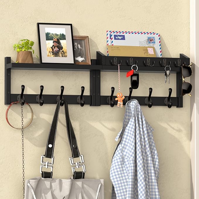 35'' Black Coat Rack Wall Mount with Shelf, Solid Wood Coat and Key Hanger with 13 Metal Hooks, Farmhouse Wall Organizer for 