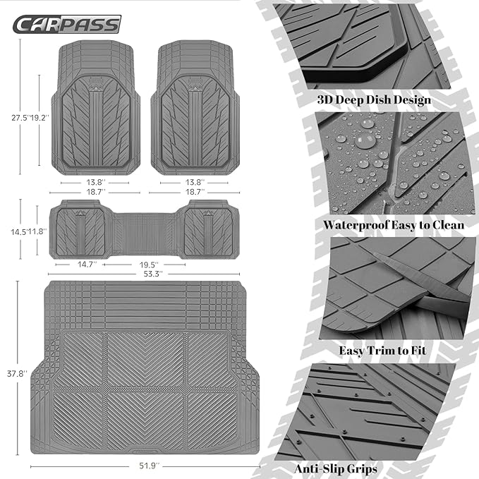 CAR PASS Floor Mats for Cars M-L Size, Heavy Duty Rubber Floor Mats with Trunk Cargo Liner, Universal Trim-to Fit Automotive Floor mats for Truck Van SUV Waterproof All Weather Car Mats All Gray