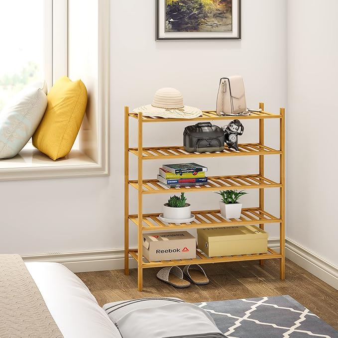 BMOSU 5-Tier Bamboo Shoe Rack Premium Stackable Shoe Shelf Storage Organizer for Hallway Closet Living Room Entryway Organize