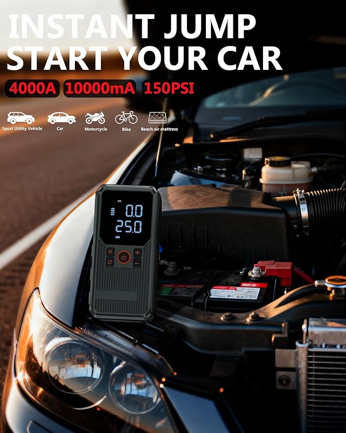 Car Jump Starter with Air Compressor, 4000A Portable Jump Starter for Dead Battery, 150 PSI Tire Inflator with Auto