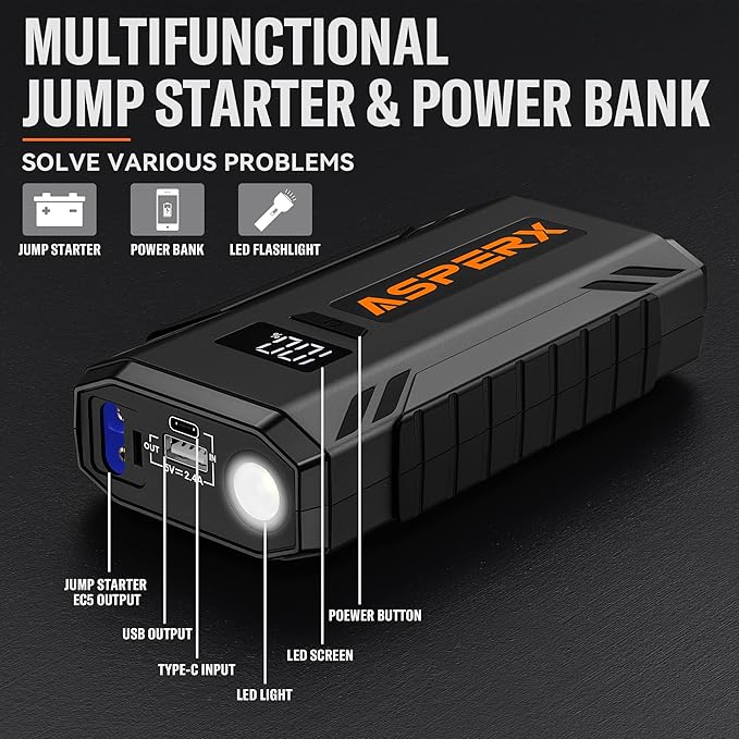 ASPERX Car Jump Starter, 2000A Peak Battery Jump Starter for Up to 7.0L Gas or 5.5L Diesel Engine, 12V Portable Battery