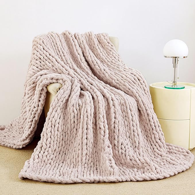 Admitrack Chunky Knit Blanket Throw, 100% Hand Knit Chenille Throw Blanket for Sofa & Home Decor, Soft and Cozy Knitted Throw