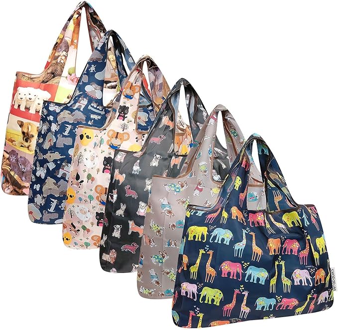 allydrew Large Foldable Tote Nylon Reusable Grocery Bags, 6 Pack
