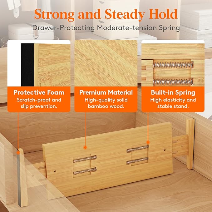 Lifewit 5" High 8 Pack Bamboo Drawer Dividers 45-55cm/17.5-22" Adjustable Wooden Drawer Organizer for Clothes/Utensils, Expan