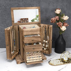 Emfogo Jewelry Box for Women, Rustic Wooden Jewelry Boxes & Organizers with Mirror, 4 Layer Jewelry Organizer Box Display for