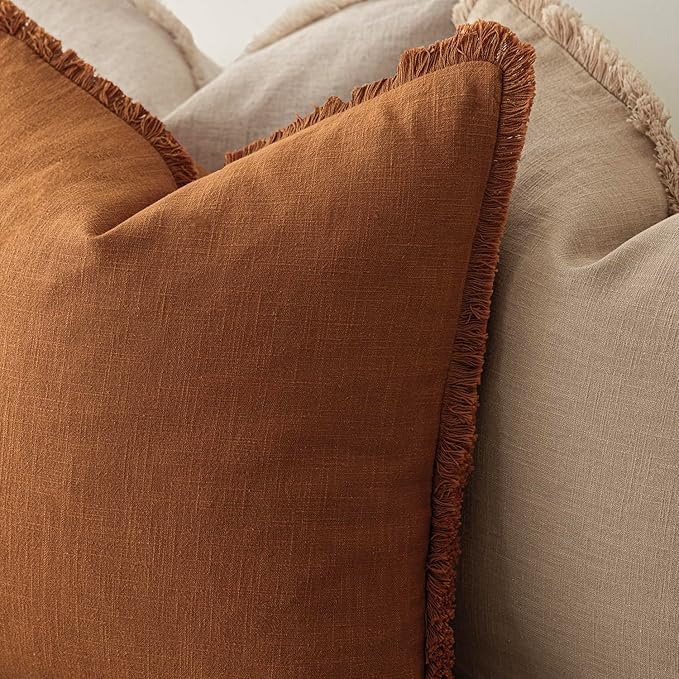 Foindtower Set of 2 Decorative Linen Fringe Lumbar Throw Pillow Covers Boho Farmhouse Cushion Cover with Tassels Soft Accent 