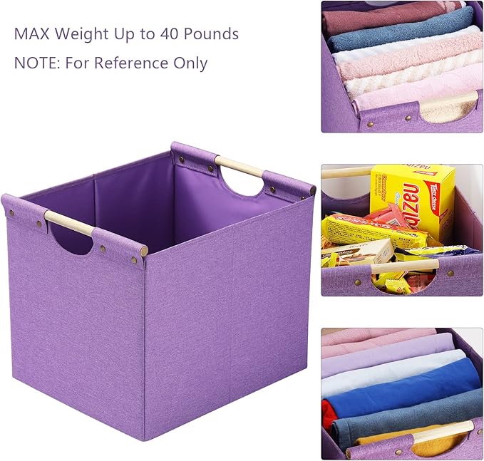 HOONEX Large Foldable Storage Bins, Linen Fabric, Pack of 2, Storage Baskets with Wooden Carry Handles and Sturdy Heavy Cardb