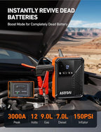 AstroAI Beta822 3000A Jump Starter with Air Compressor, 150PSI Portable Tire Inflator with Auto-Shutoff, 12V Car Battery