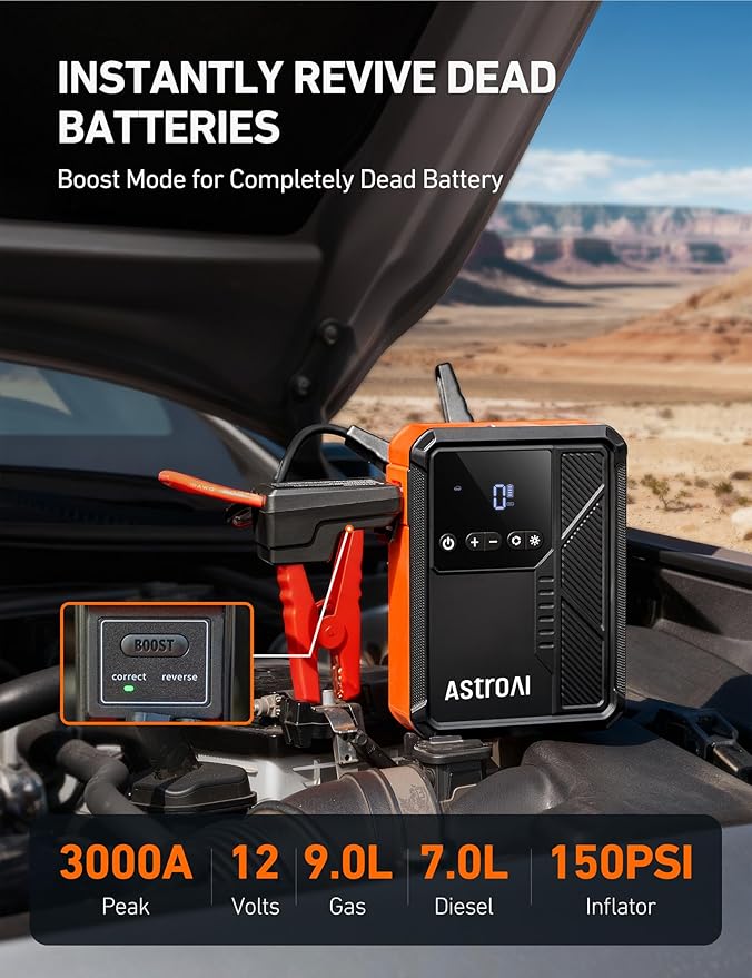 AstroAI Beta822 3000A Jump Starter with Air Compressor, 150PSI Portable Tire Inflator with Auto-Shutoff, 12V Car Battery