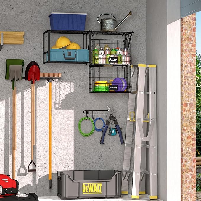 ThreeHio Garage Shelf Wall Mounted with Wire baskets, Heavy Duty Garage Wall Shelving with Garden Tool Rack and Hooks, Wire S
