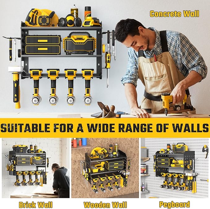 SUNALLY Power Tool Organizer, Heavy Duty Wall Mount Tool Organizer 3 Layers with 4 Drill Holders, Garage Tools Storage Rack w