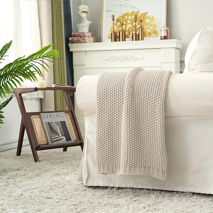 Chunky Cable Knit Throw Blanket Lightweight Beige 100% Organic Cotton Blanket for Sofa Couch Bed Baby Nursery, Rustic Shabby 