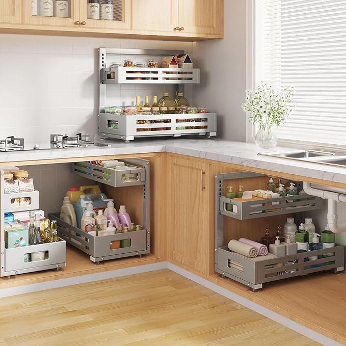 2 Pack 19IN-Depth Under Sink Organizer,Pull Out Cabinet Organizer With Smooth Cylindrical Rail,Metal Slide Out Drawer for Kit