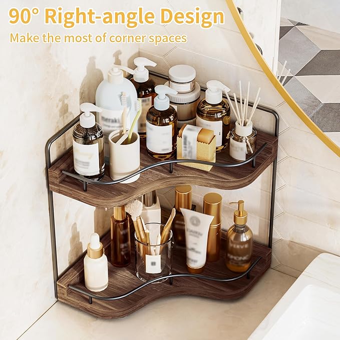 2-Tier Corner Bathroom Counter Organizer with Embedded Screw Holes, Secure & Stable Wood Vanity Shelf for Makeup and Skincare