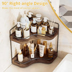 2-Tier Corner Bathroom Counter Organizer with Embedded Screw Holes, Secure & Stable Wood Vanity Shelf for Makeup and Skincare