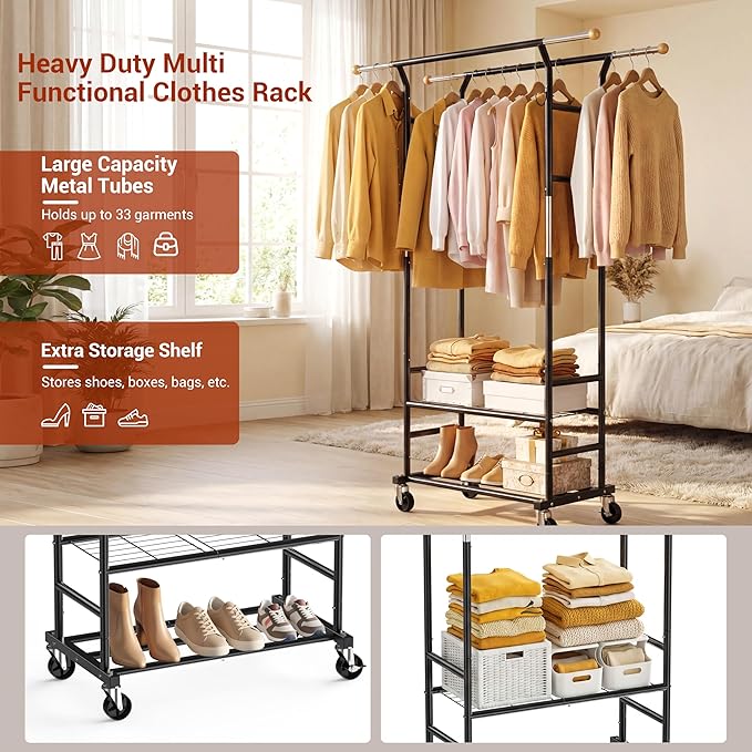 Clothes Rack with 3-Level Height Adjustment - Double Rod Extendable Hanging Rails with Wooden Finials, Luxury 2-Tier Metal St