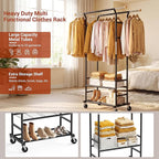 Clothes Rack with 3-Level Height Adjustment - Double Rod Extendable Hanging Rails with Wooden Finials, Luxury 2-Tier Metal St