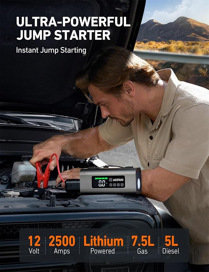 AstroAI 2500A Portable Car Battery Jump Starter with 150PSI Air Compressor 30W Quick Charger, 14800mAh Jump Box (7.5L Gas &