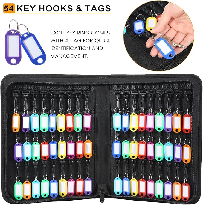 Zippered Key Case, Portable Key Organizer with Handle, Waterproof & Fireproof Key Binder with 54 Hooks and Tags, Key Box Orga