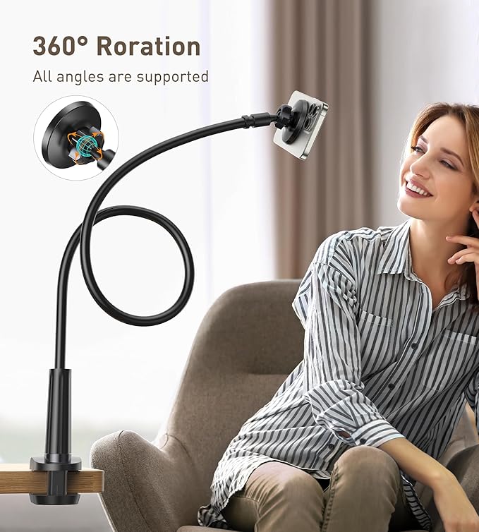 Magnetic Gooseneck Phone Holder Mount for iPhone 17/16/15/14/13/12 - Magnetic Stand Tabletop Clamp 360°Rotation Adjustable for Office/Home Compatible with iPhone 17 16 15 14 13 12 Mini Plus Pro Max
