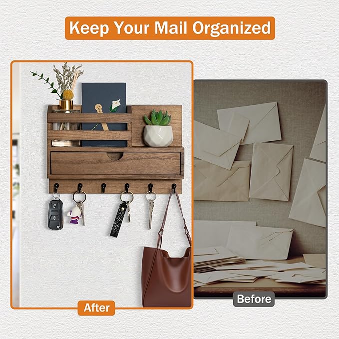 dreampossible Key and Mail Holder for Wall, Mail Organizer Wall Mount with 6 Hooks and Storage Drawer, Wooden Key Rack Hanger