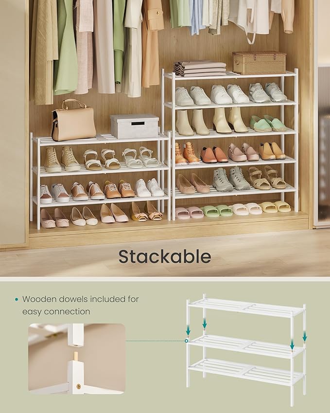 SONGMICS Bamboo Shoe Rack for Closet, Stackable Shoe Oragnizer with Modular Structure, Space-Saving Free Standing Shelf for E