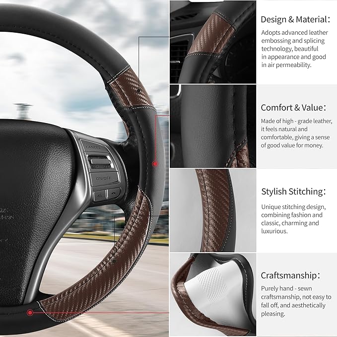 Non-Slip Car Nappa Leather Steering Wheel Cover,Universal Car Accessories Women Men Fit 14" 1/2-15" Suvs/Vans/Sedans/Cars/Tru