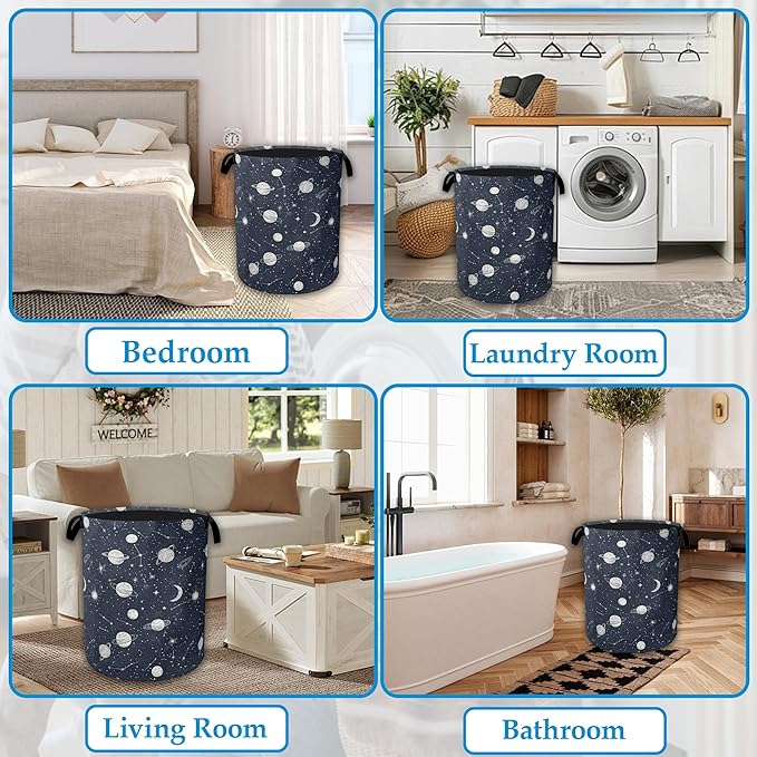Star Moon Laundry Basket Collapsible Laundry Hamper with Handle, Oxford Clothes Toy Storage Bin for Bathroom Bedroom Room Dec