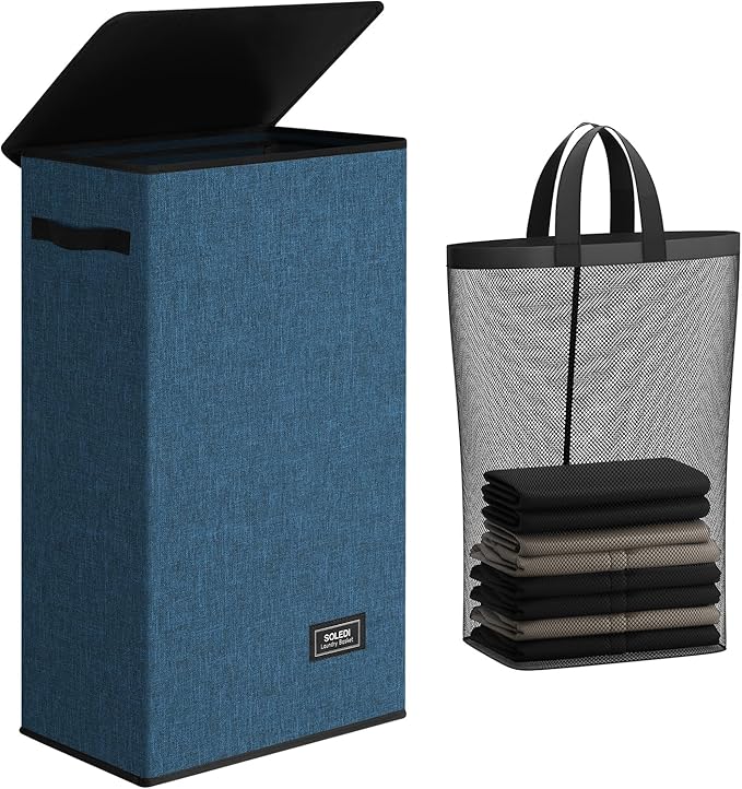 SOLEDI Slim Laundry Hamper with Lid, Narrow Laundry Basket with Removable Bags, Dirty Clothes Hamper with handle, Small Hampe