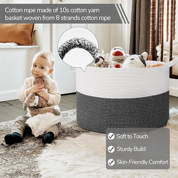 INDRESSME 115L Extra Large Cotton Rope Blanket Basket, Woven Baby Laundry Baskets for Clothes Pillows Towel, Toy Baksets for 