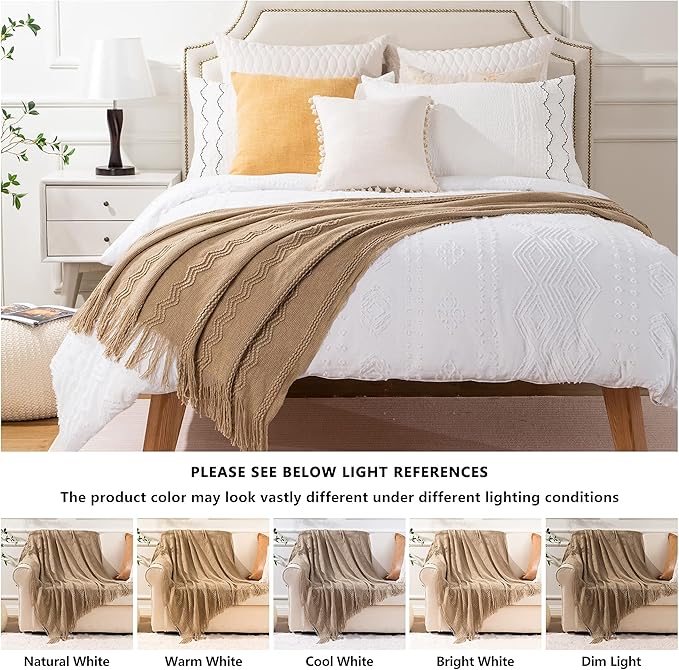BATTILO HOME Tan Throw Blanket for Bed, Boho Decorative Couch, Taupe Home Decor, 50"x60"