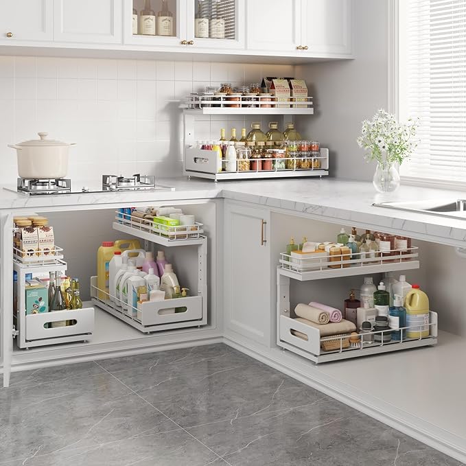 Under Sink Organizer Upgrade To Professional Rails,2-Tier Dual Pull Out Cabinet Storage,Height Adjustable Slide Out Drawers F