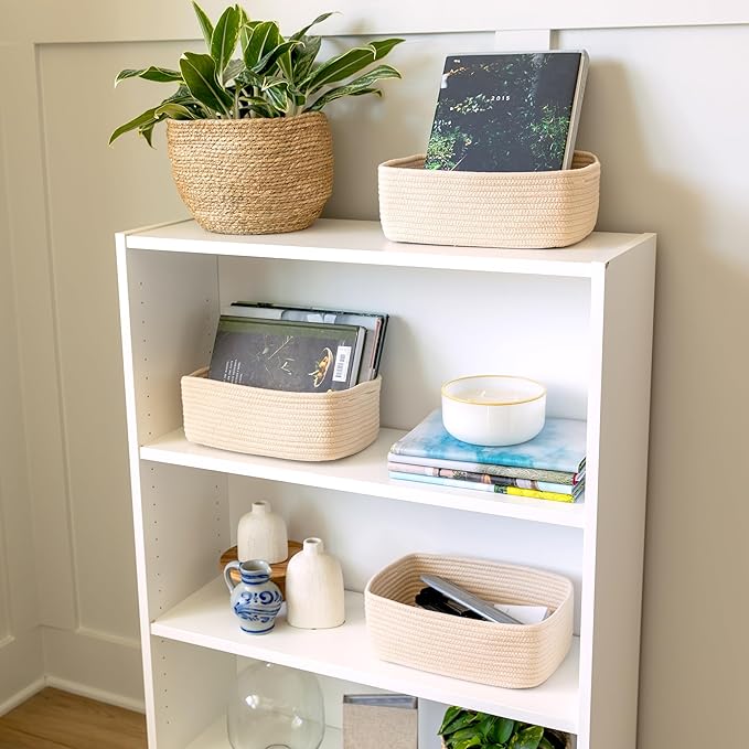 NaturalCozy 11.8"x8"x4.5” Storage Baskets for Shelves 3 Pack | Cotton Rope Woven Small Baskets for Organizing | Small Storage