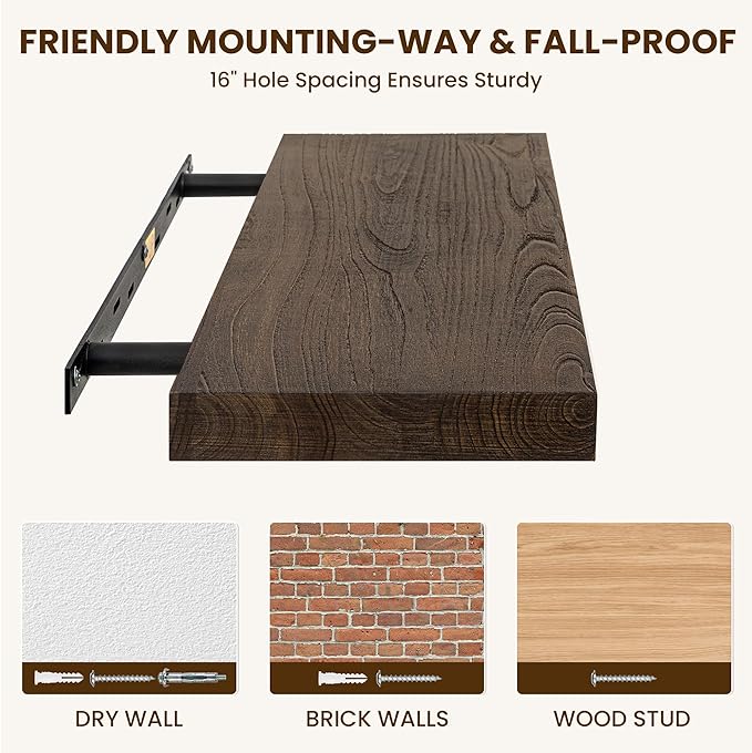 Dreamland Solid Wood Floating Shelves 30"x8" Set of 2 - Smooth Edge Elm Wall Mounted Shelf with Invisible Brackets, Minimalis