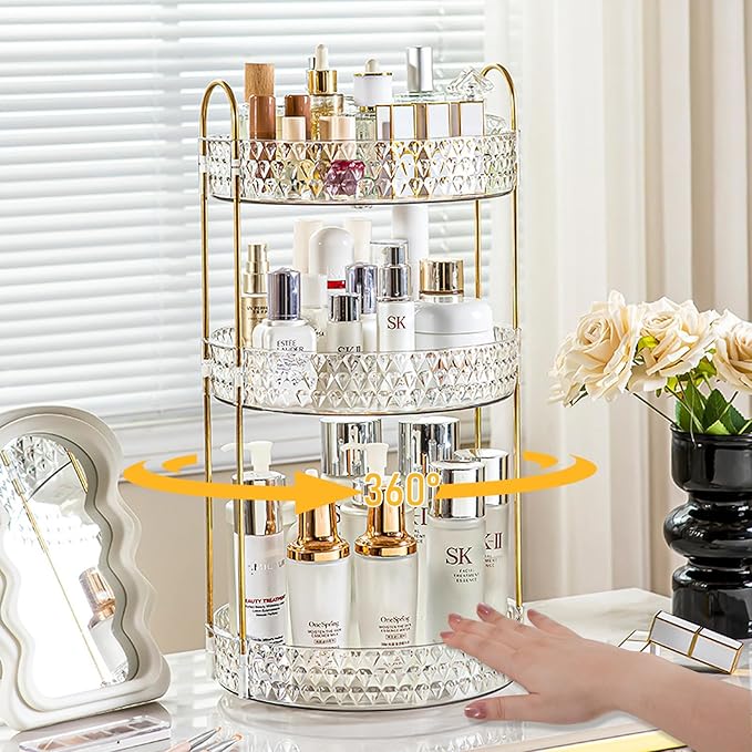 Rotating Makeup Organizer for Vanity, 3 Tier Perfume Skincare Storage for Women, Bathroom Counter Organizer, 360 Spinning Cos